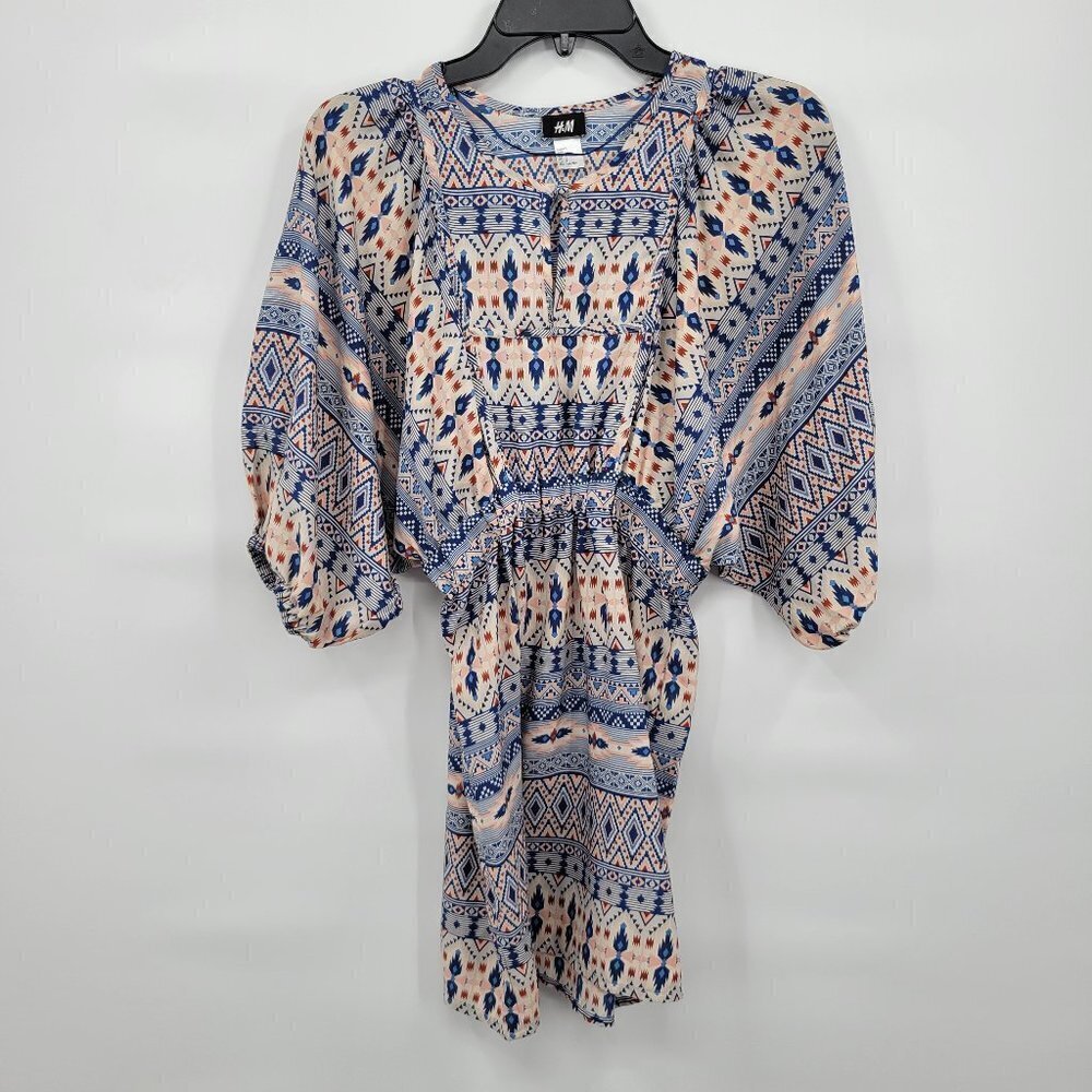 H&M Women Blue Multicolor Aztec Print Crew Neck Casual Mini Dress Size 2